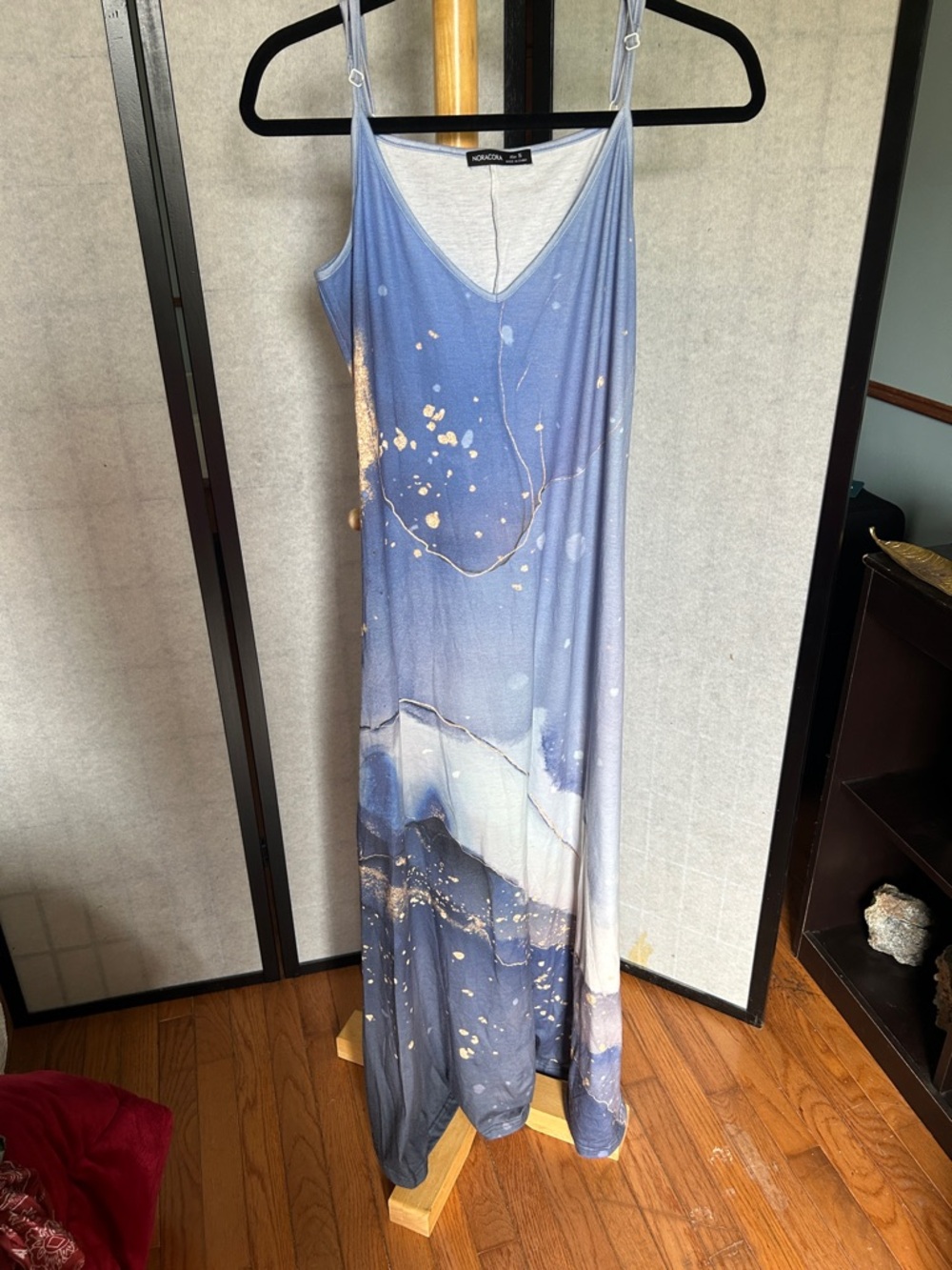 Noracora Blue Gradient Slip Maxi Dress with Metallic Accents
